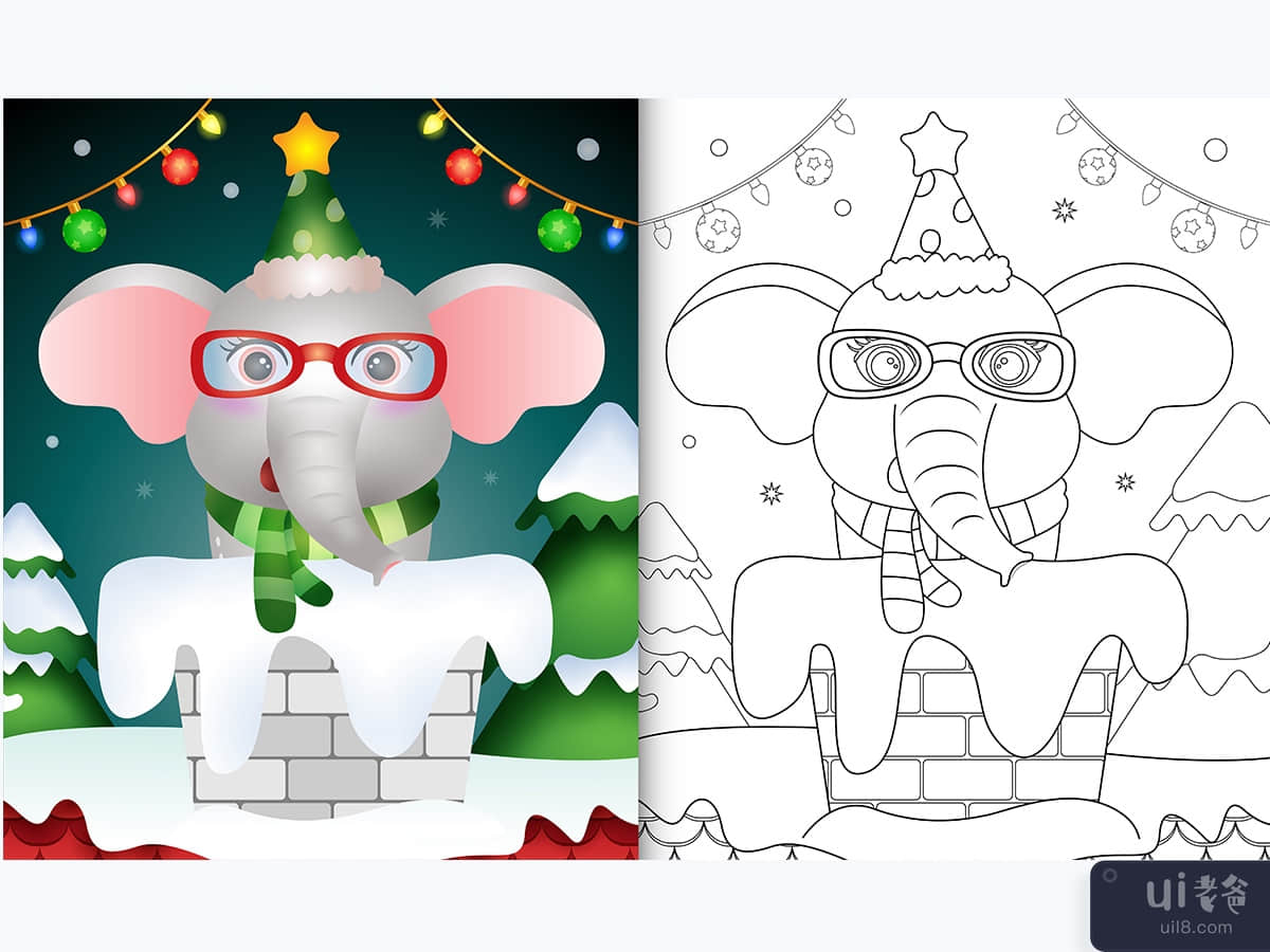 coloring book for kids with a cute elephant using hat and scarf in chimney