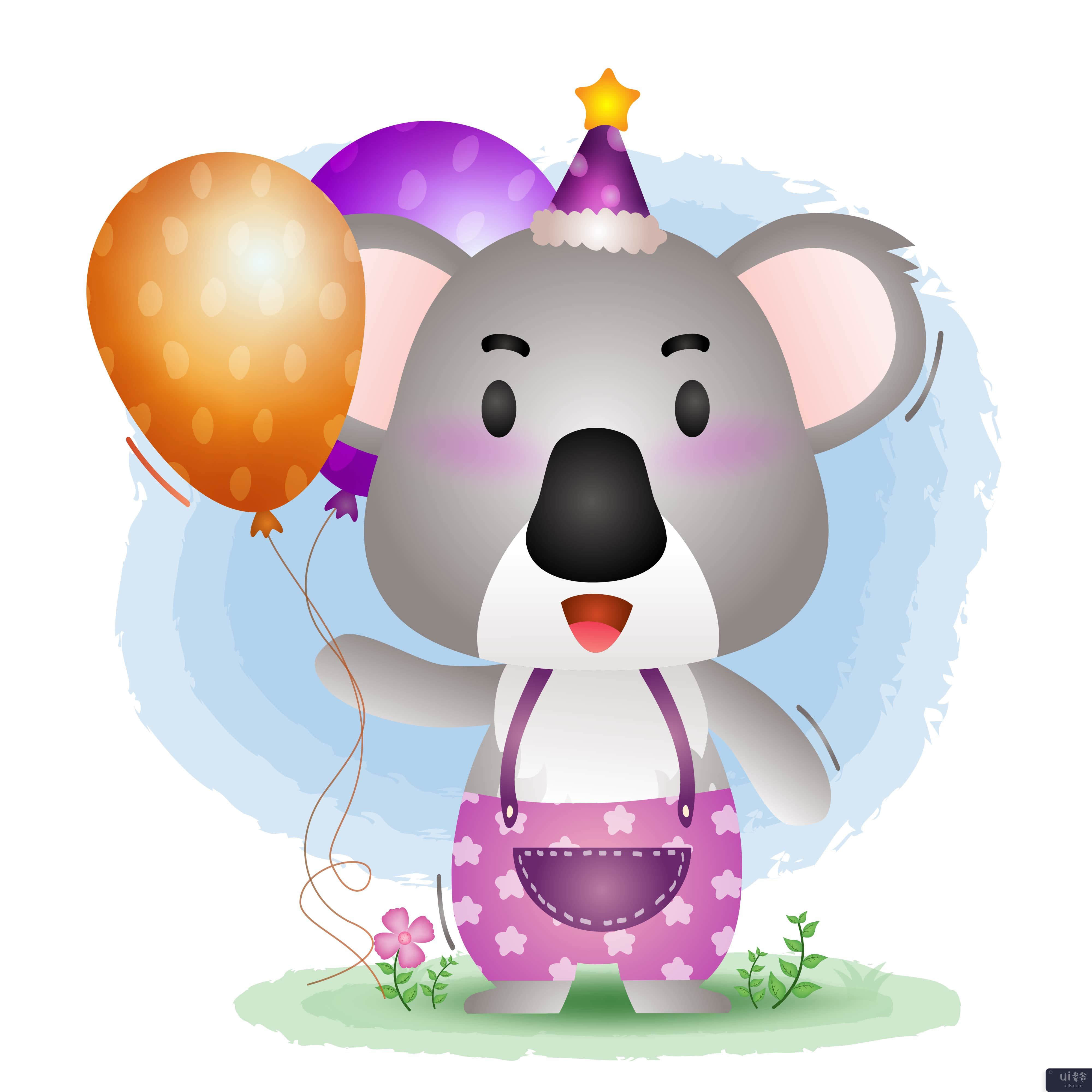 一只可爱的考拉，戴着生日帽，拿着气球(a cute koala using birthday hat and holds balloon)插图2