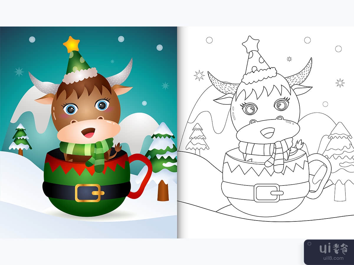 coloring book with a cute buffalo christmas characters in the elf cup