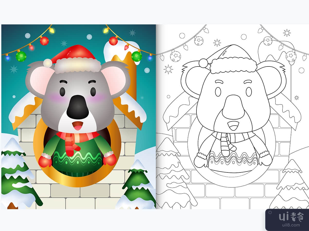 coloring book with a cute koala christmas characters using santa hat and scarf