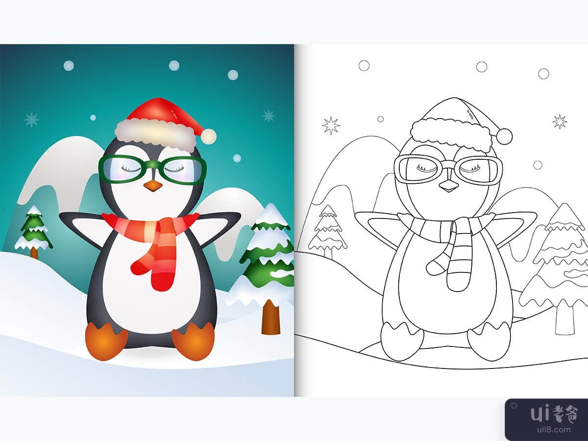 带有可爱企鹅圣诞节的图画书(coloring book with a cute penguin christmas)插图2