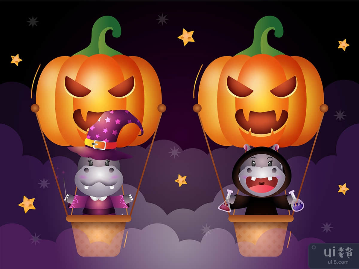 a couple hippo with air balloon hallowen edition