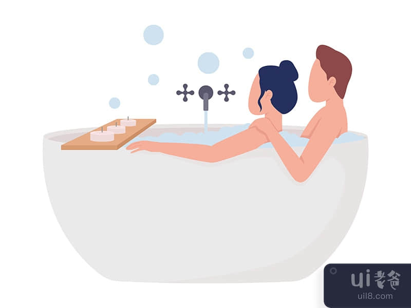 Couple taking romantic bath semi flat color vector characters