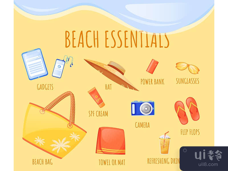 Beach essentials flat color vector informational infographic template