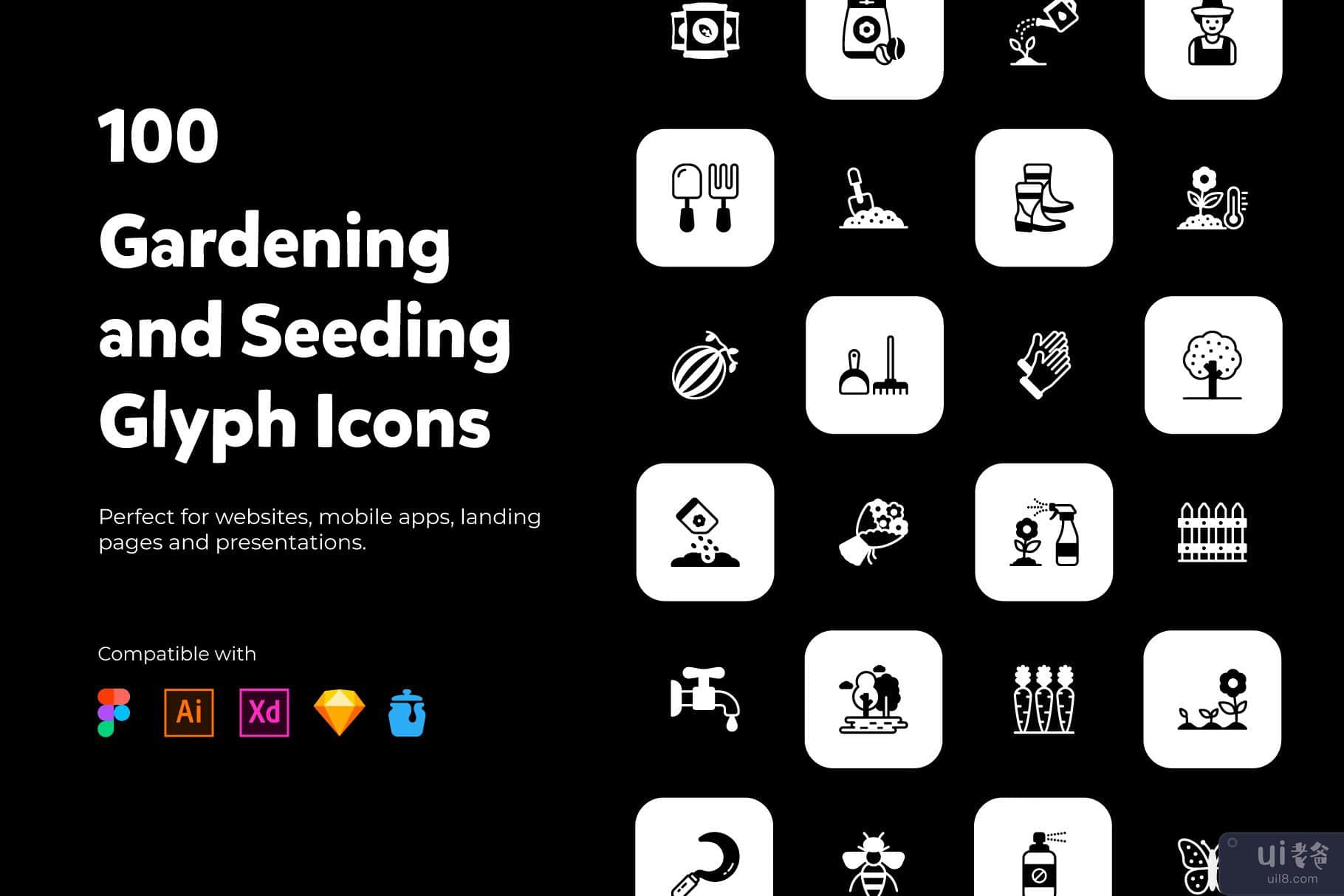 100 实心园艺图标矢量图(100 Solid Gardening Icons Vectors)插图8