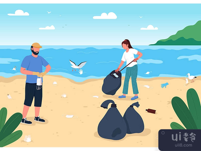 Cleaning beach from covid rubbish flat color vector illustration