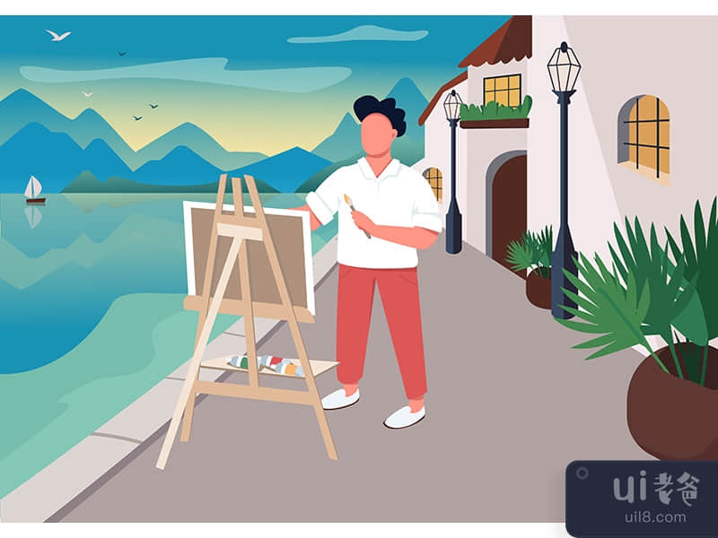 Artist painting at seaside flat color vector illustration