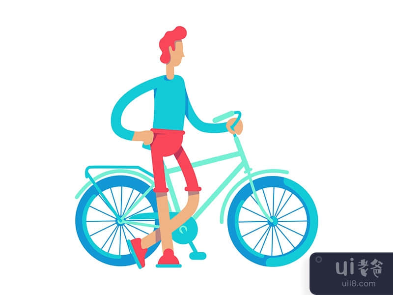 Athletic young man standing near bicycle semi flat color vector character