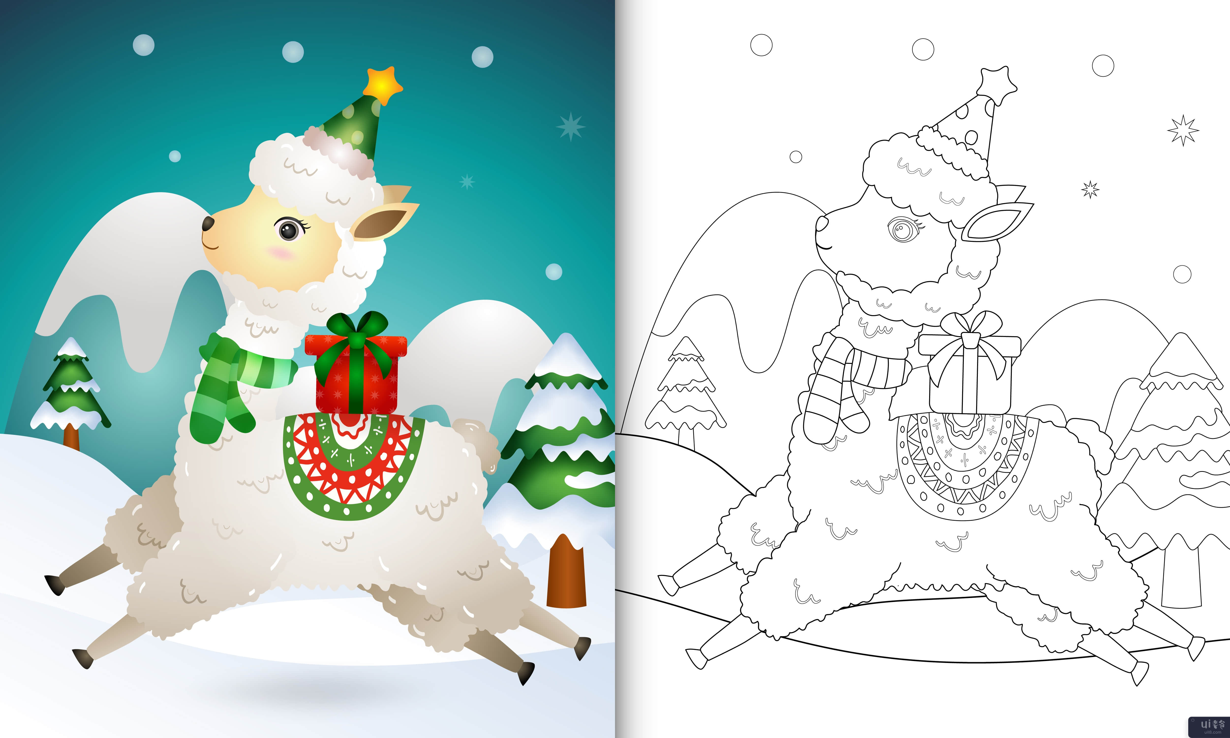 带有可爱羊驼圣诞人物的图画书(coloring book with a cute alpaca christmas characters)插图2