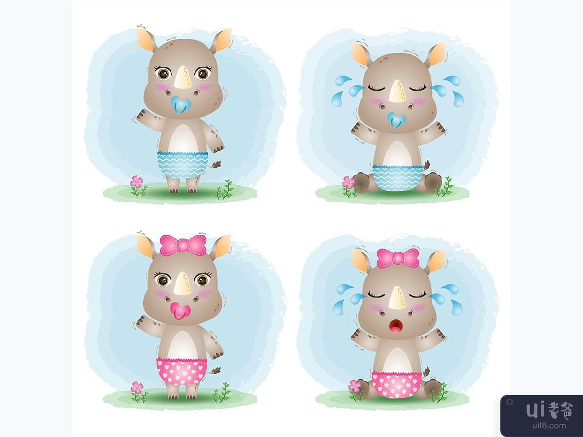 儿童风格的可爱小犀牛系列(cute baby rhino collection in the children's style)插图2