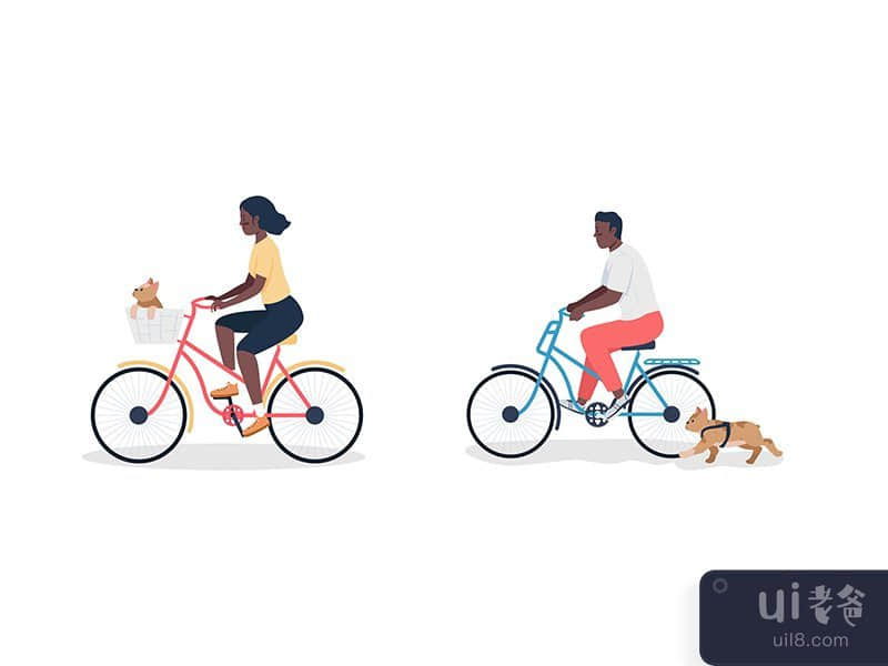 African american man and woman on bicycle with dogs flat color vector 