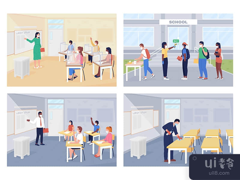 After covid pandemic rules at school flat color vector illustration set