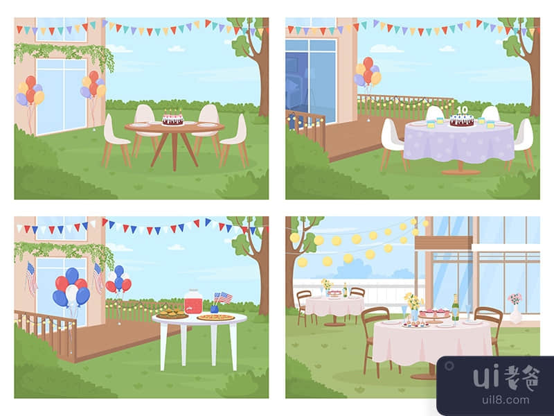 Backyard party arrangement flat color vector illustration set
