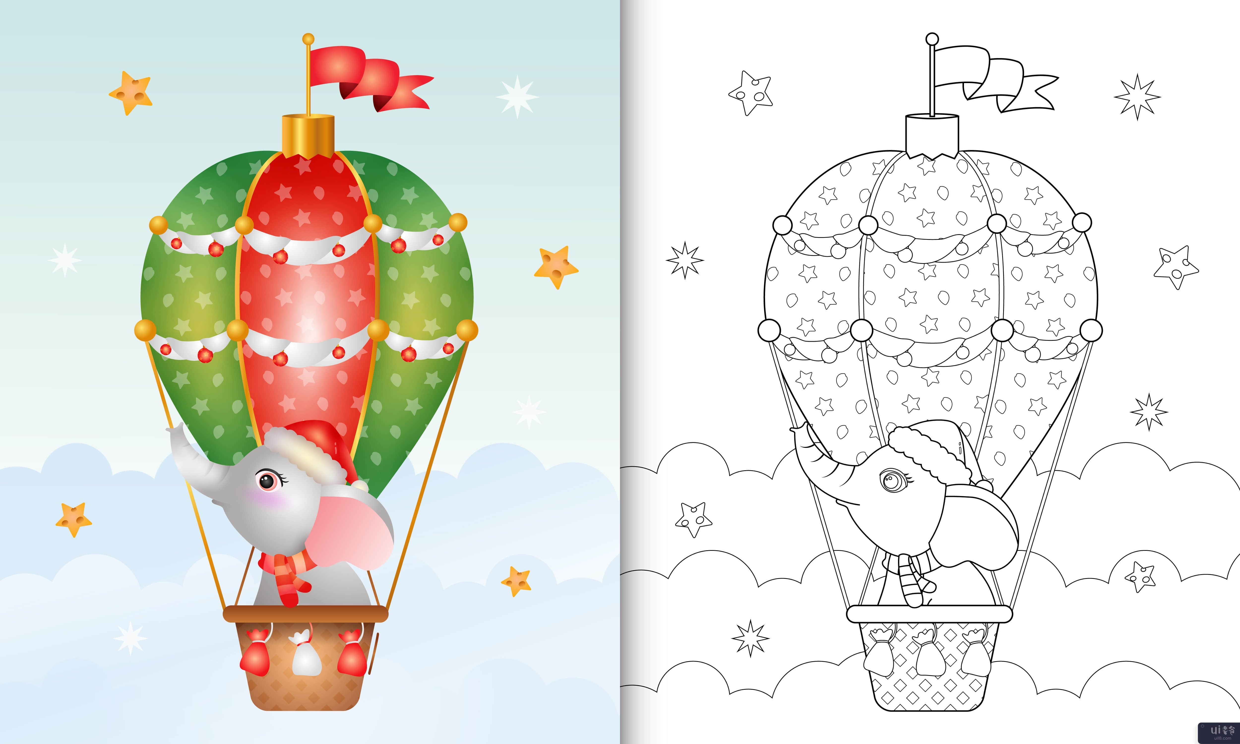 带有可爱的大象圣诞人物的图画书(coloring book with a cute elephant christmas characters)插图2