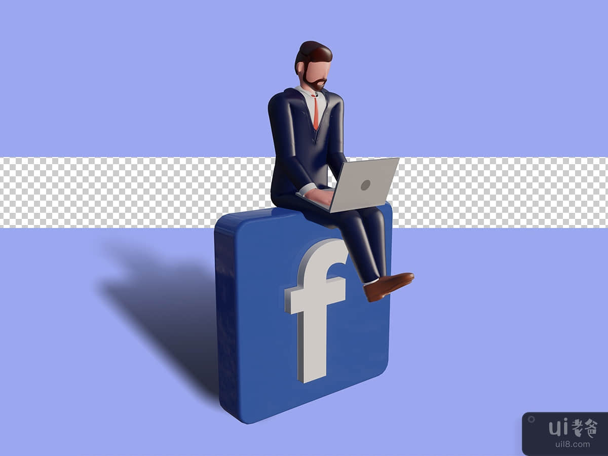 3d male character is typing on laptop and sitting on facebook logo. Psd Premium