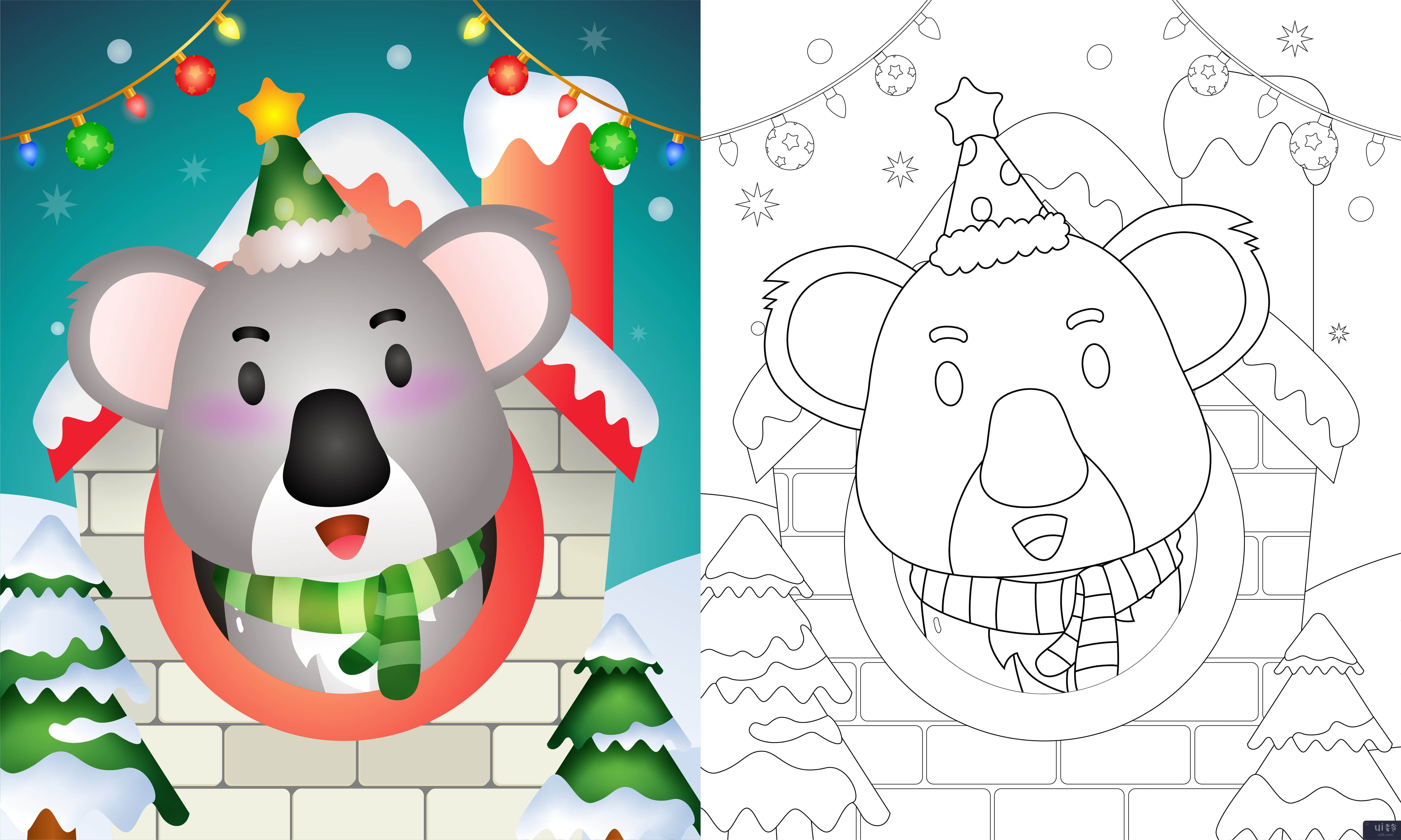 用帽子和围巾为可爱的考拉圣诞人物着色书(coloring book with a cute koala christmas characters using hat and scarf)插图2