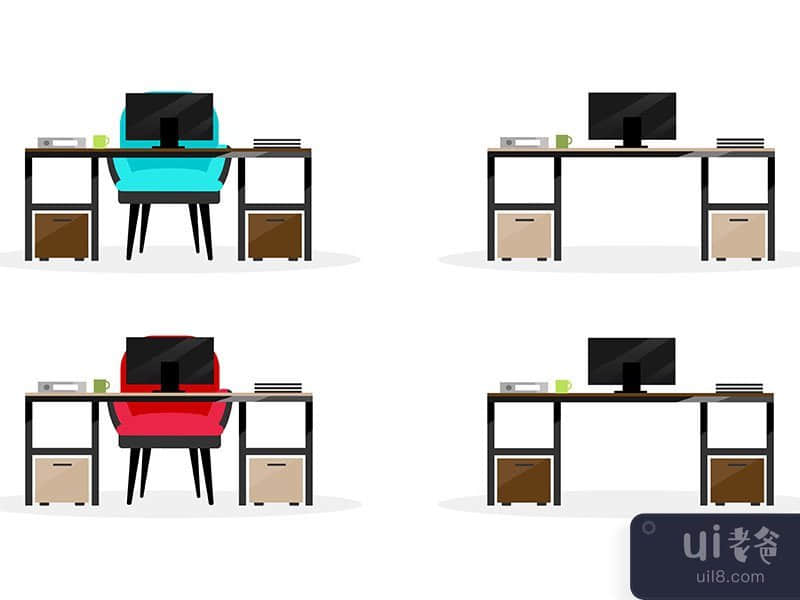 Computer table flat color vector objects set