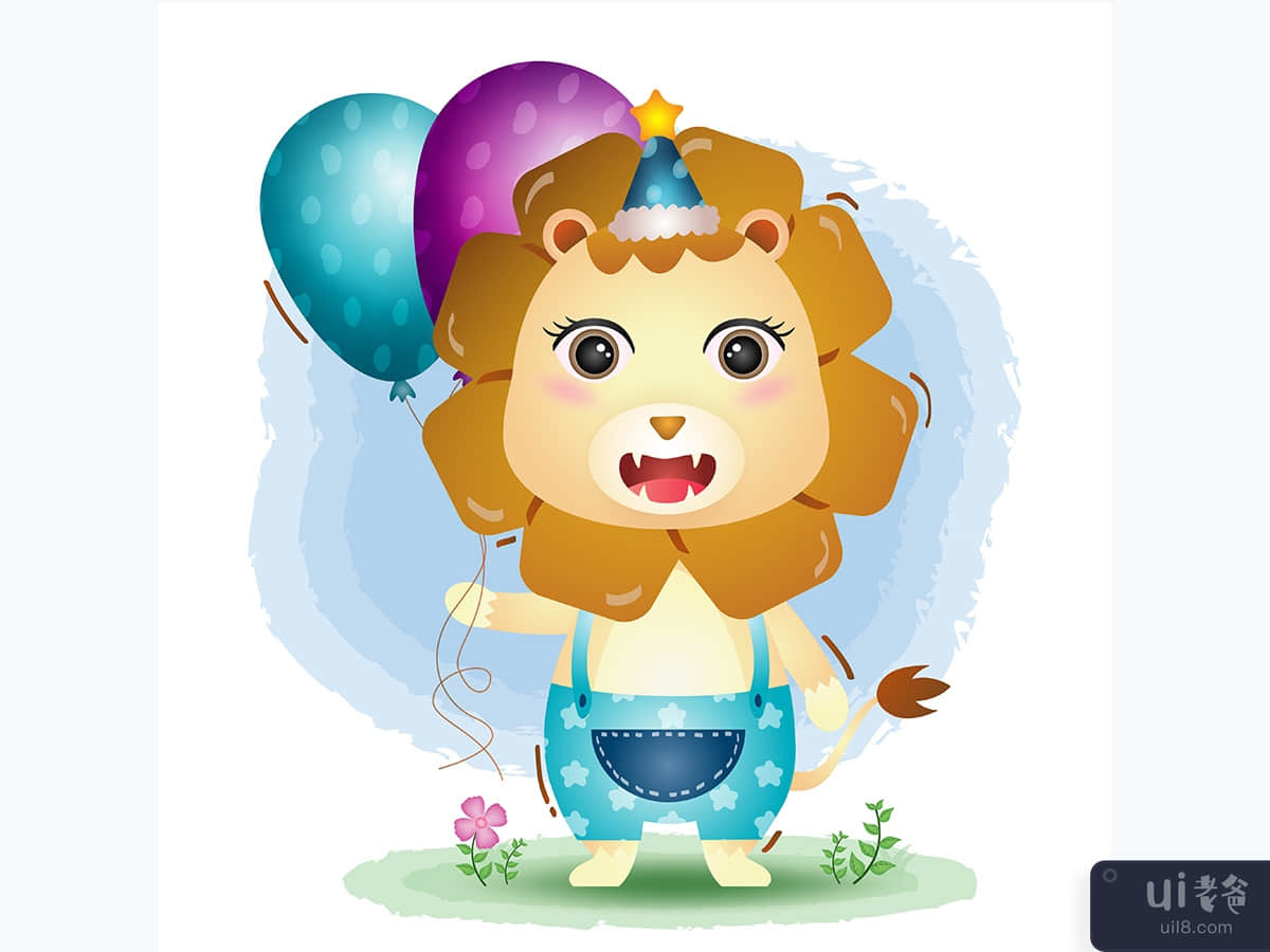 a cute lion using birthday hat and holds balloon