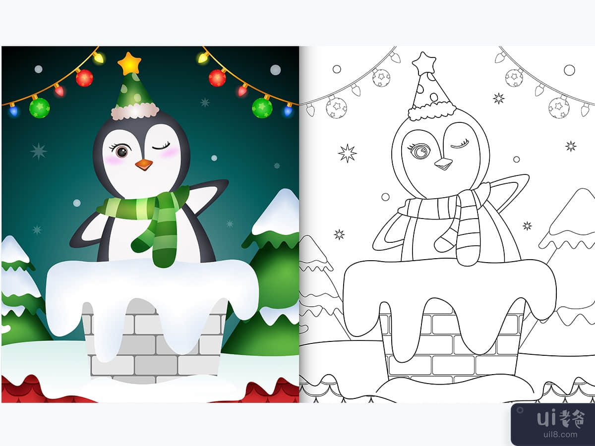 coloring book for kids with a cute penguin using hat and scarf in chimney