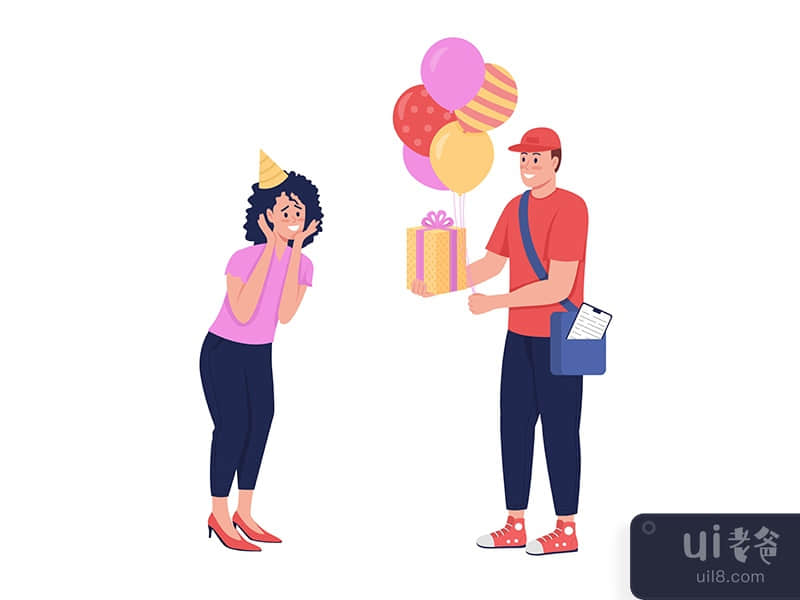 Birthday gift delivery semi flat color vector characters