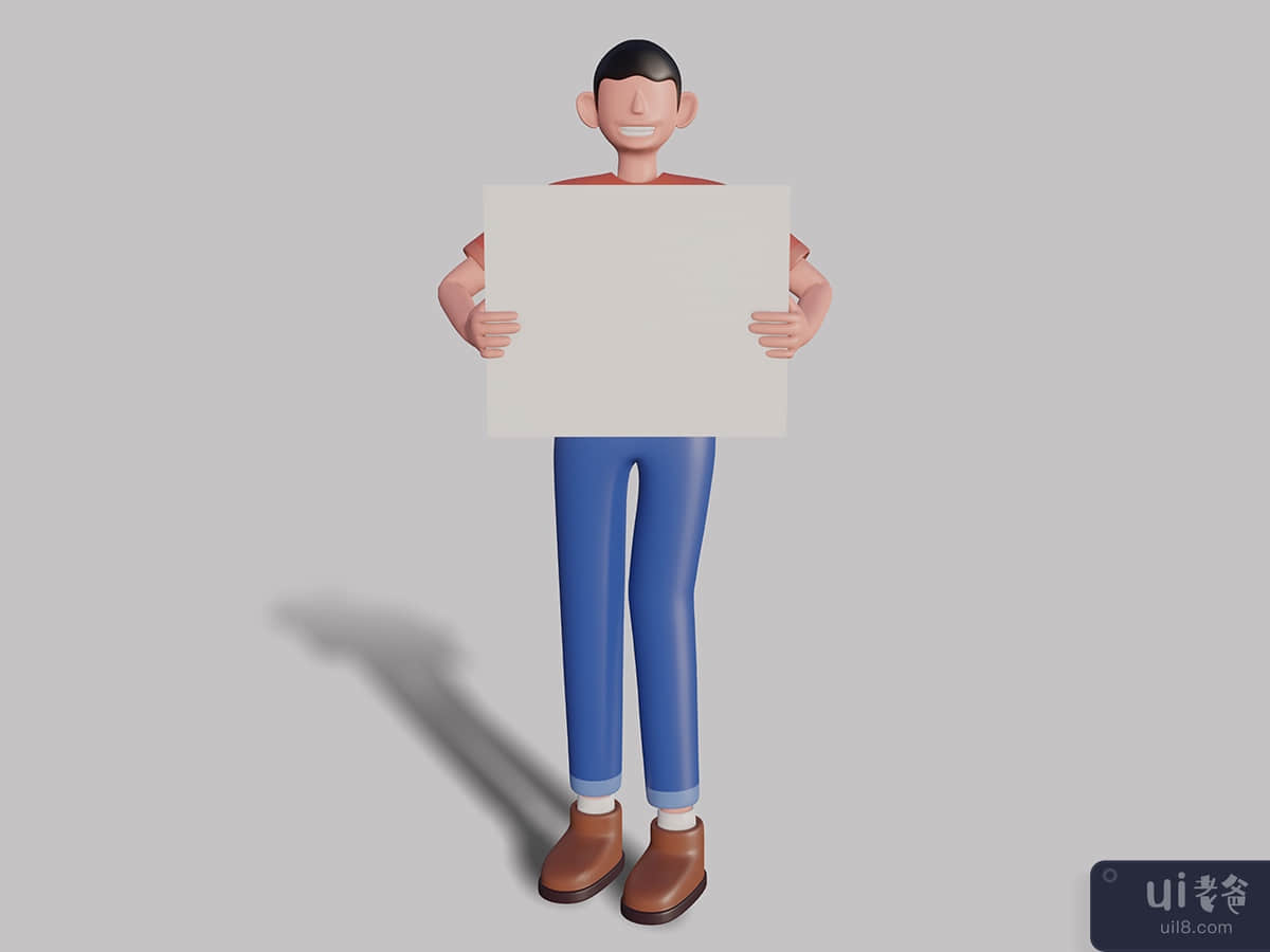 3d male character holding a plain board. Premium Psd