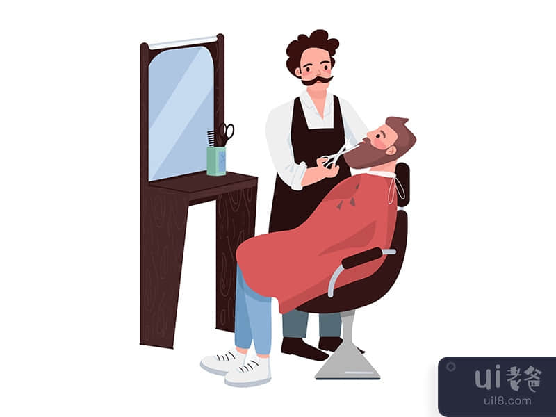 Barber and bearded man semi flat color vector characters