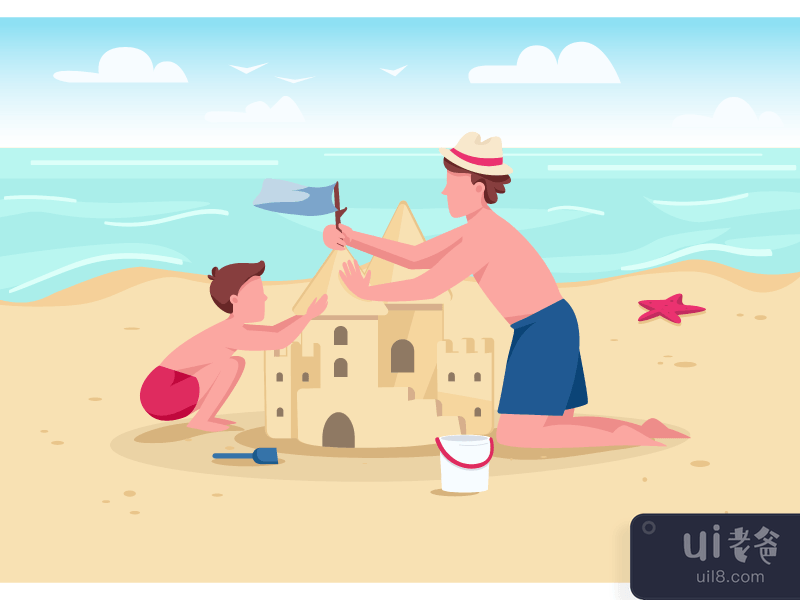 Beach family activity flat color vector illustration