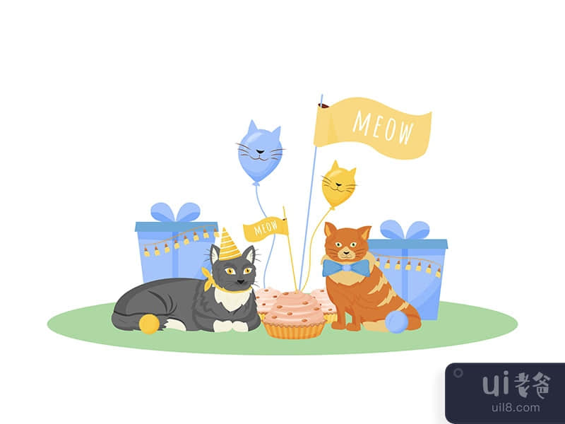 Cat birthday flat color vector character