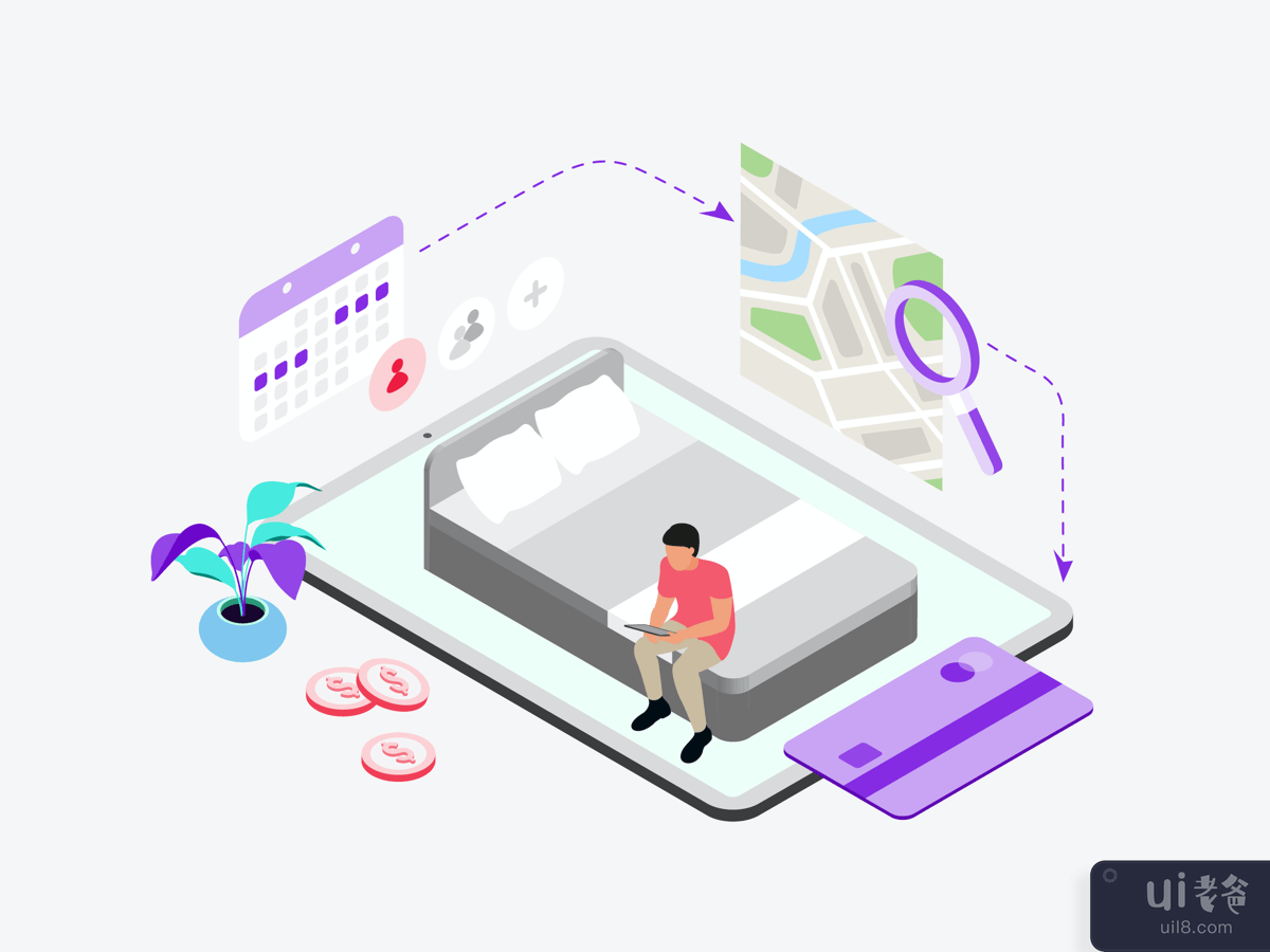 Booking Hotel by Digital Wallet Isometric Illustration