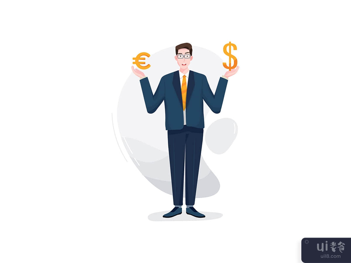 Businessman standing with two currency symbols in his hand