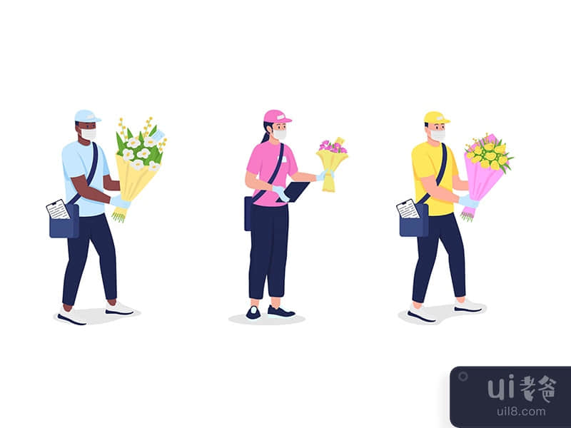 Couriers in mask and gloves with flowers flat color vector detailed  set
