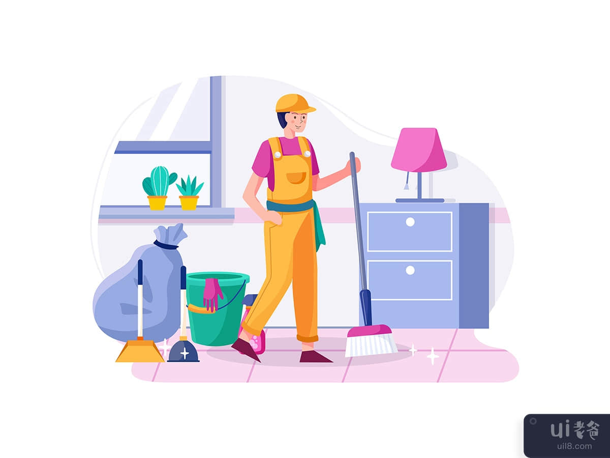 Cleaning man holding broom satisfied with clean house. 