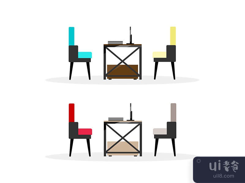 Computer table with chairs flat color vector objects set