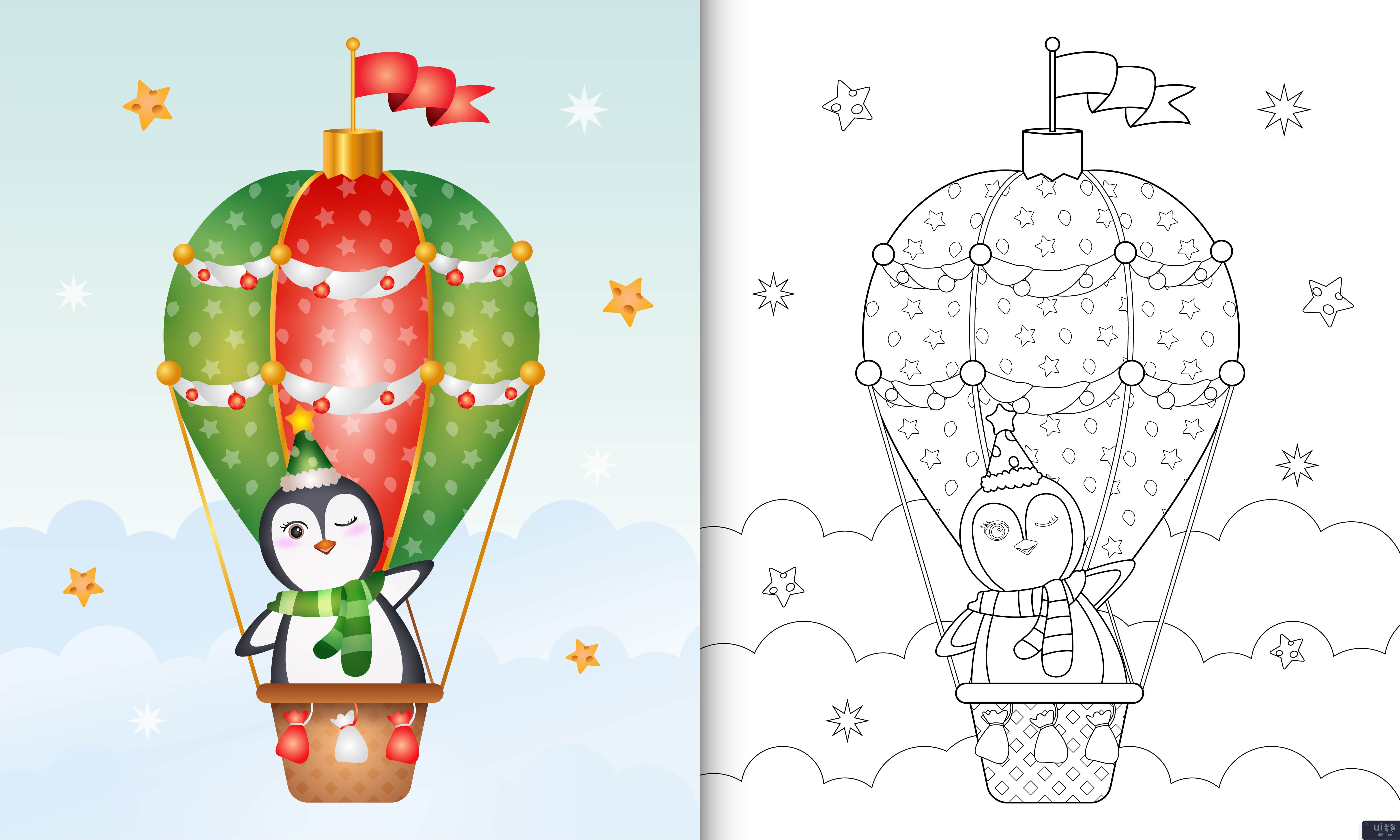 用热气球上可爱的企鹅圣诞人物着色书(coloring book with a cute penguin christmas characters on hot air balloon)插图2