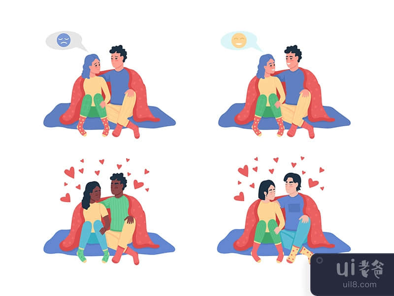 Couple under blanket semi flat color vector character set