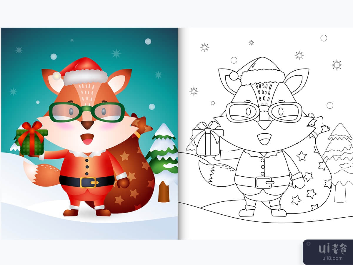 coloring book with a cute fox using santa clause costume