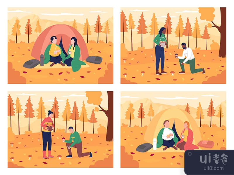 Couple camping in autumn flat color vector illustration set