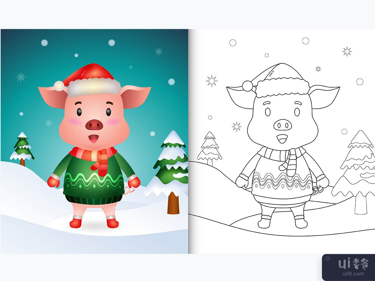 coloring book with a cute pig christmas characters