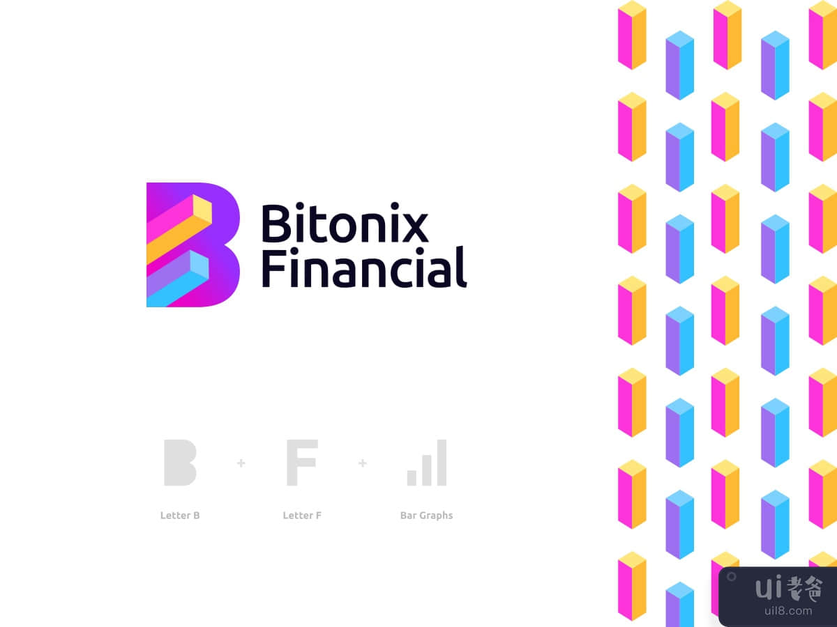 Bitonix Financial Logo Design: Letter B + Letter F + Bar Graphs