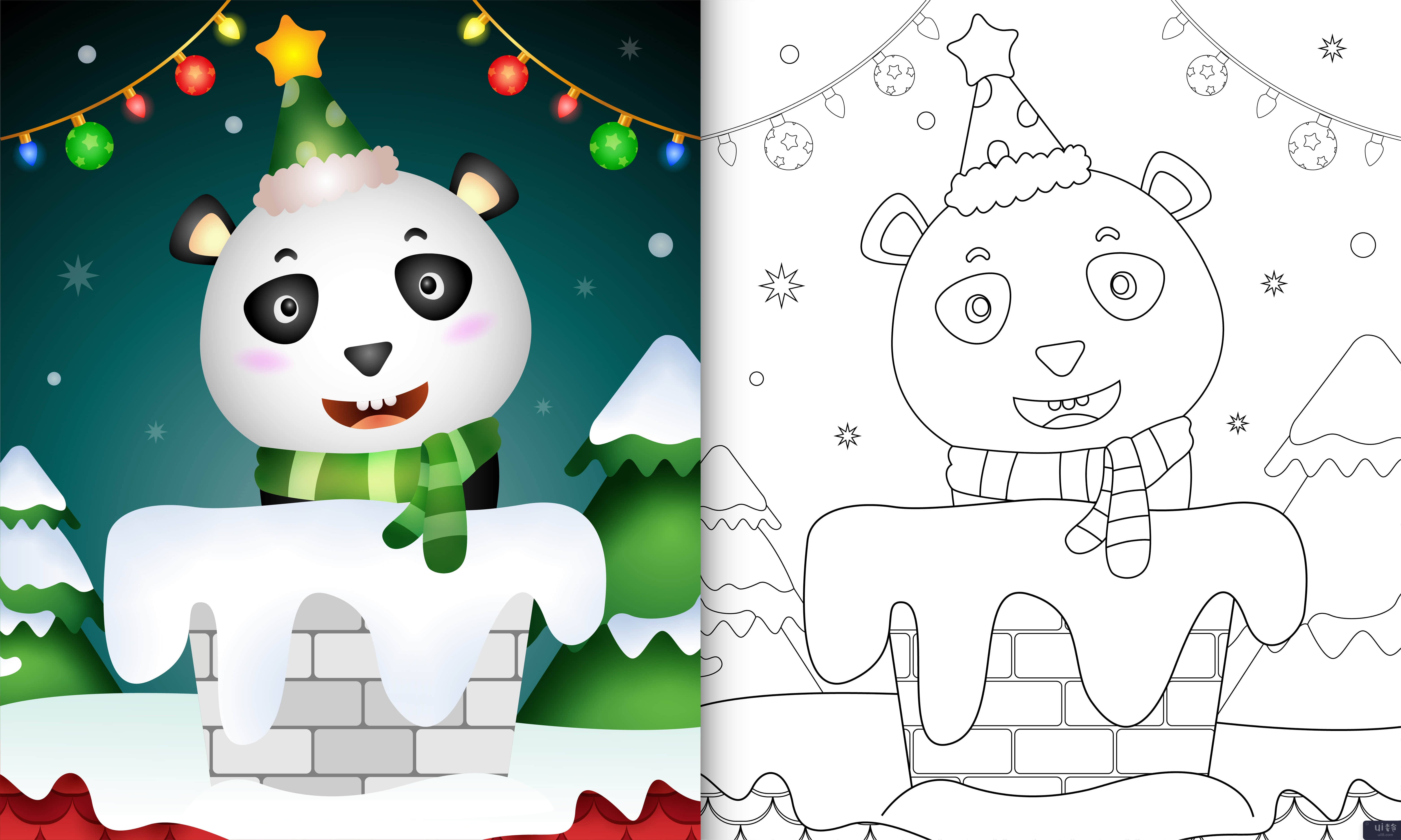 为孩子们涂色书，带着可爱的熊猫，在烟囱里用圣诞帽和围巾(coloring book for kids with a cute panda using santa hat and scarf in chimney)插图2