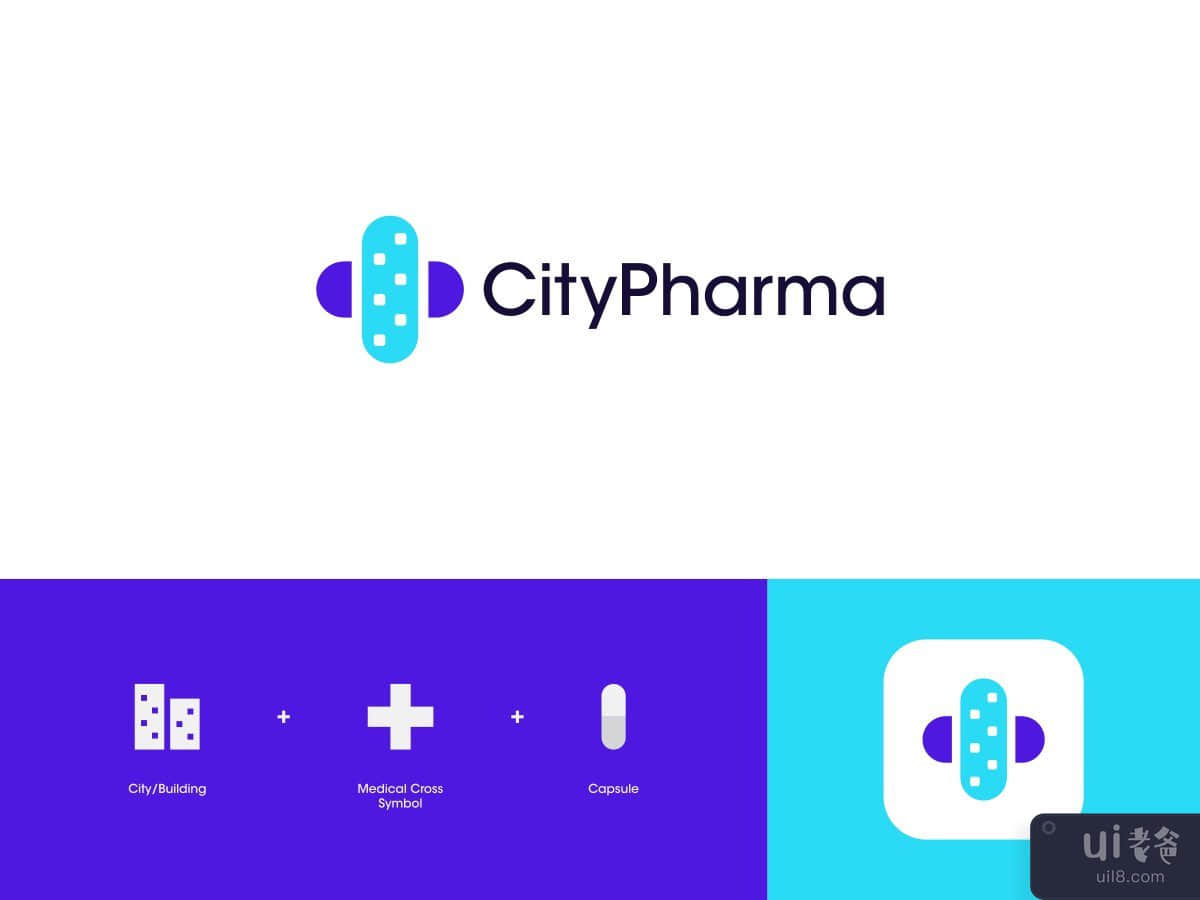 CityPharma Logo Design - City_Building + Medical Cross Symbol + Capsule