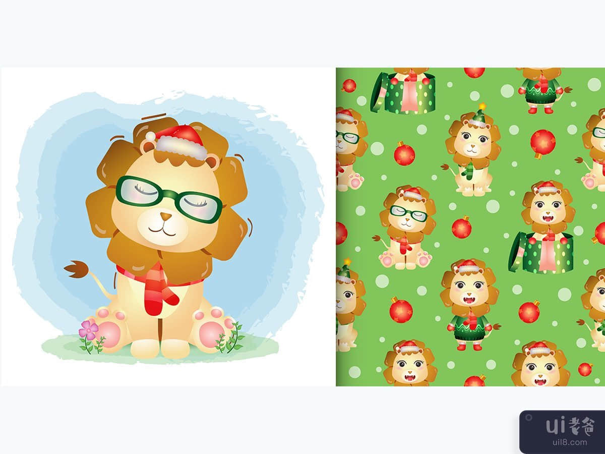 a cute lion christmas characters collection, seamless pattern