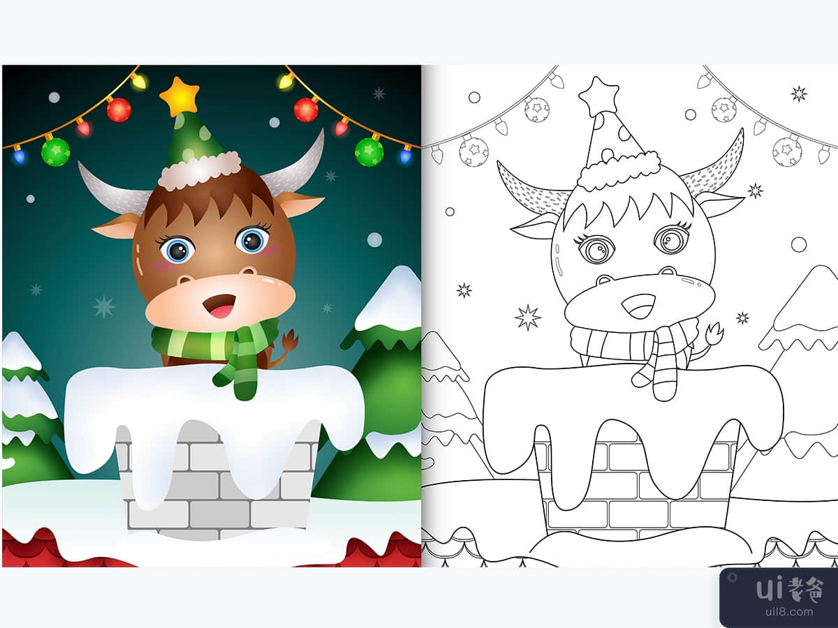 coloring book for kids with a cute buffalo using hat and scarf in chimney
