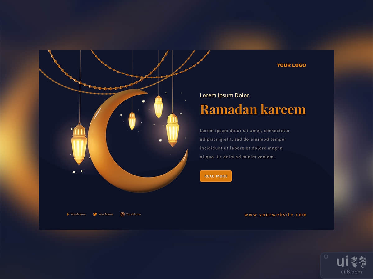3d render - Banner concept Ramadan Kareem with crescent moon and lantern