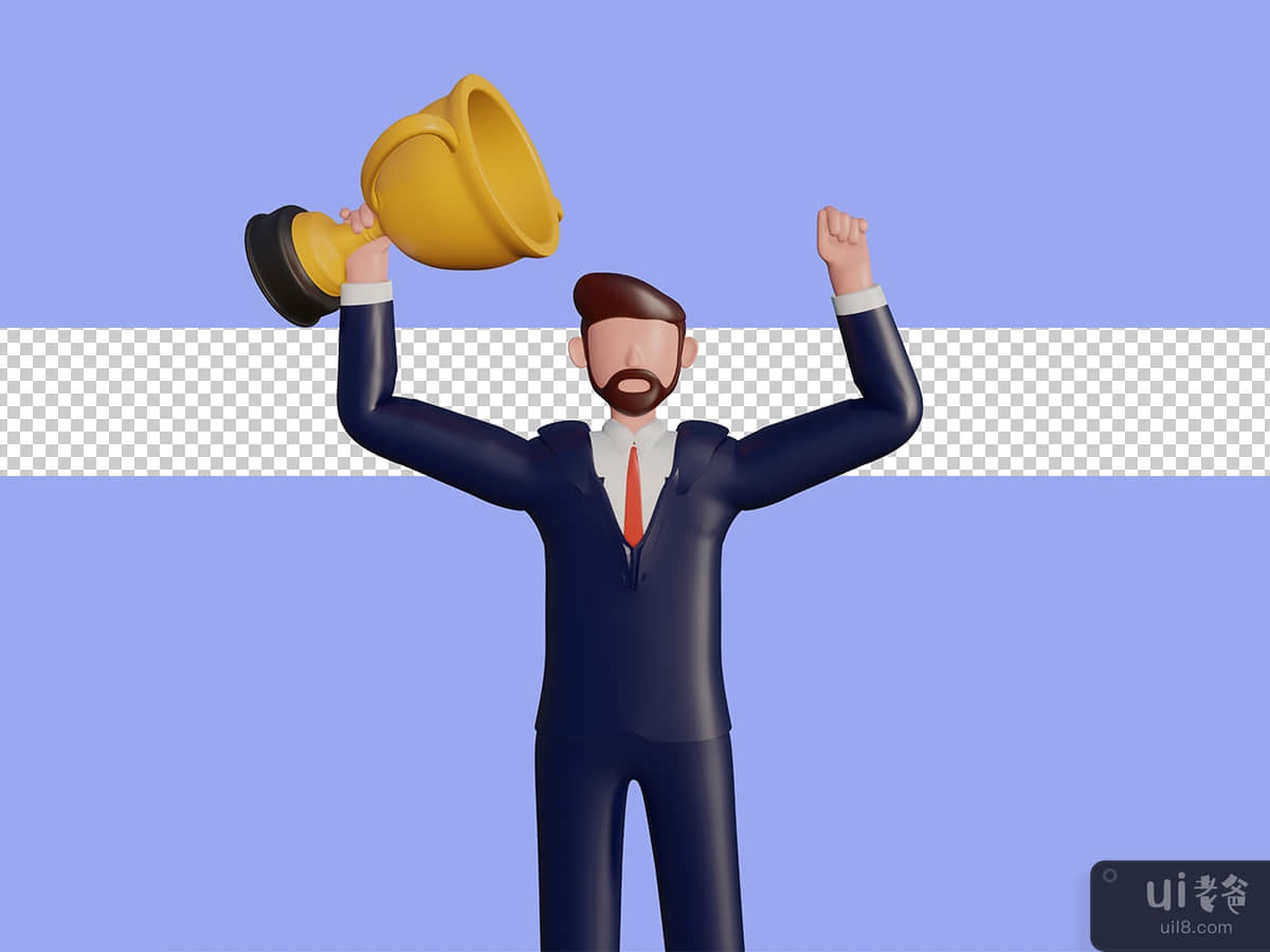 3d male character lifting the winning trophy. Psd Premium