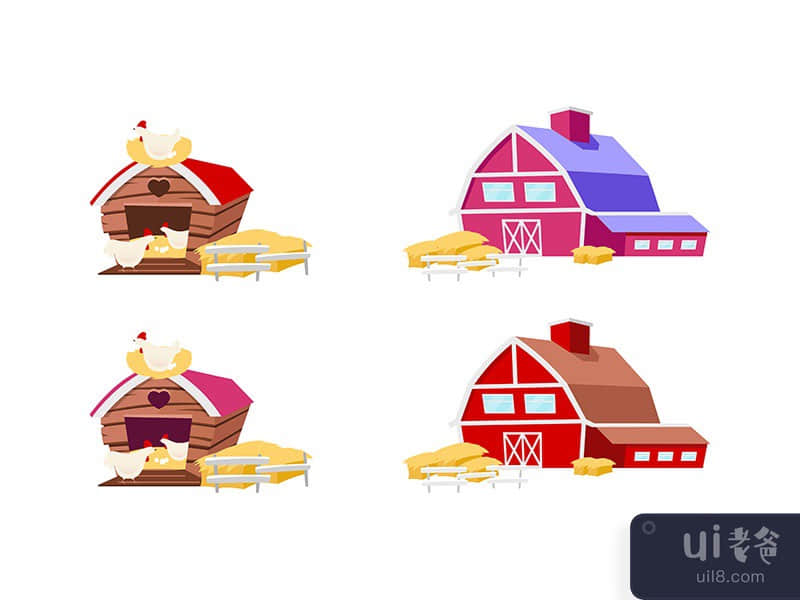Barns and chicken coops flat color vector objects set