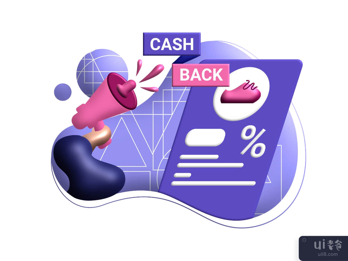 cashback ads 3d rendering Illustration for get vouchers discounts