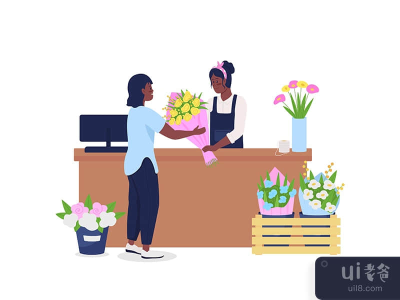 African american women buying and selling flowers flat color vector 