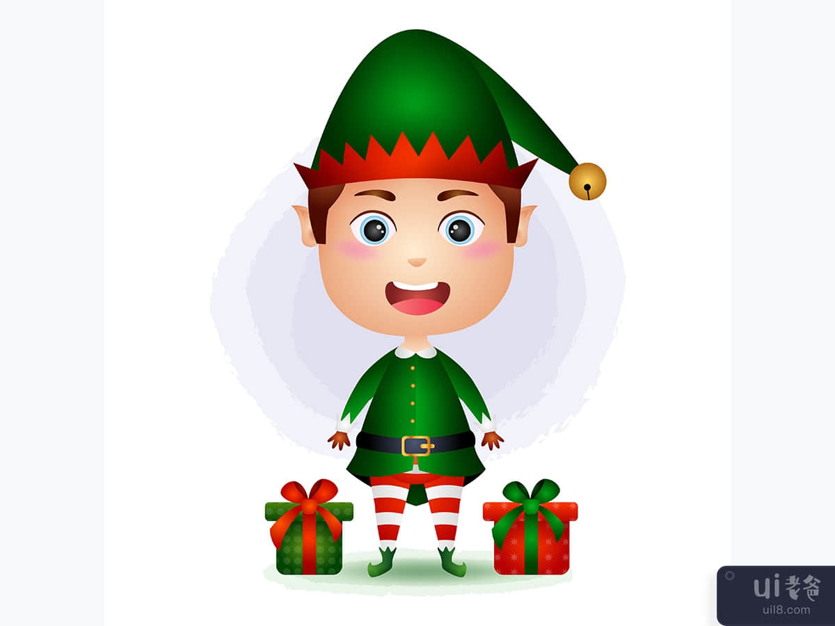 cute boy elf with gifts box vector illustration