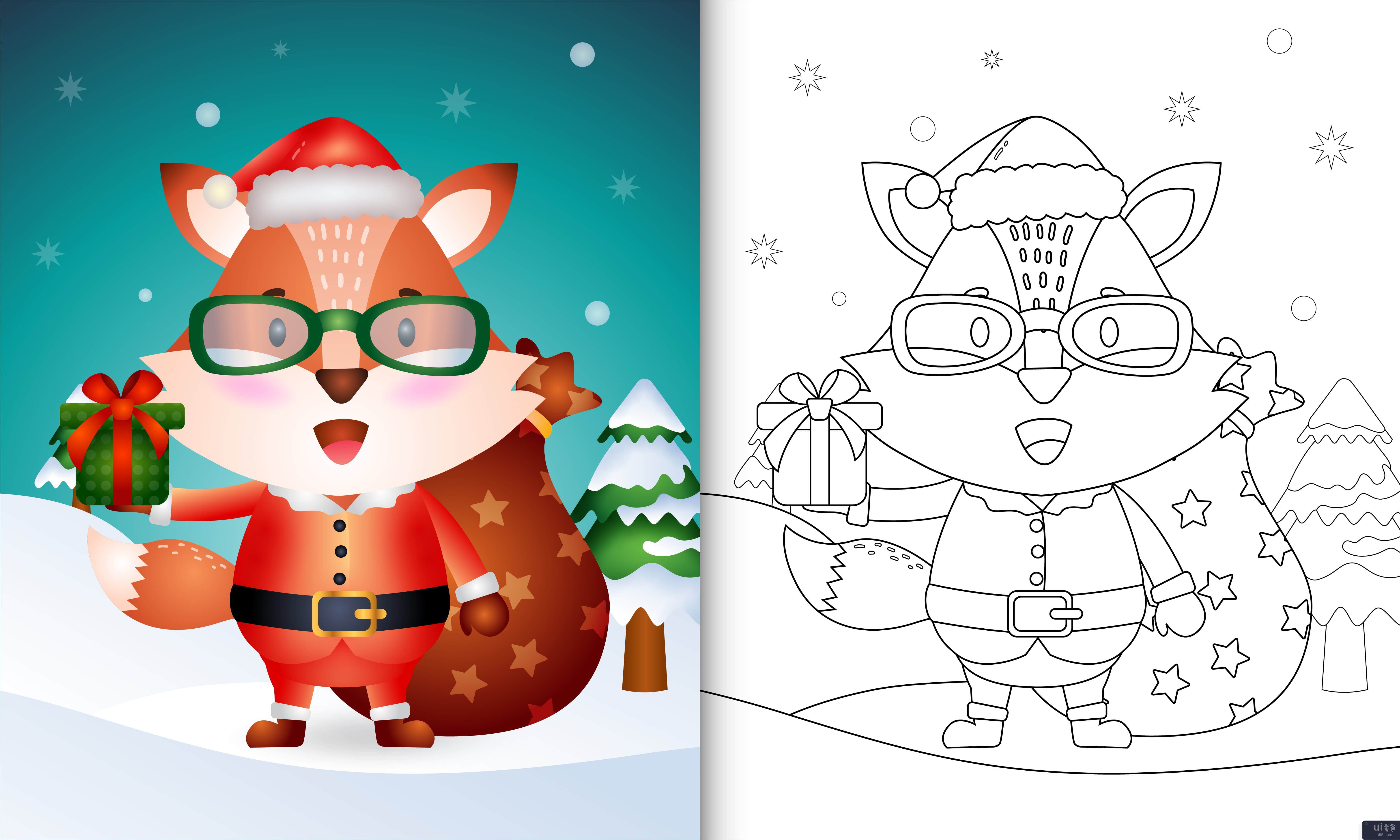 使用圣诞老人服装的可爱狐狸着色书(coloring book with a cute fox using santa clause costume)插图2